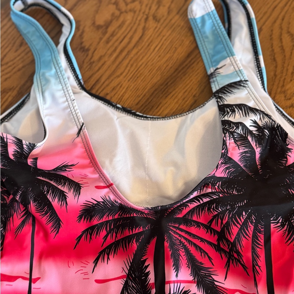 SHEIN BRAND, Women’s Sz (S) One-Piece Tropical Palm Tree Swimsuit - Pink & Blue - Picture 7 of 10
